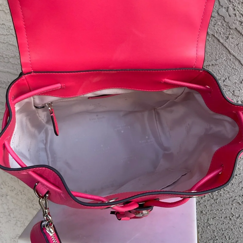 KATE SPADE Pink Leather Rosie Medium Flap Backpack w Keychain Pouch Stripe Strap